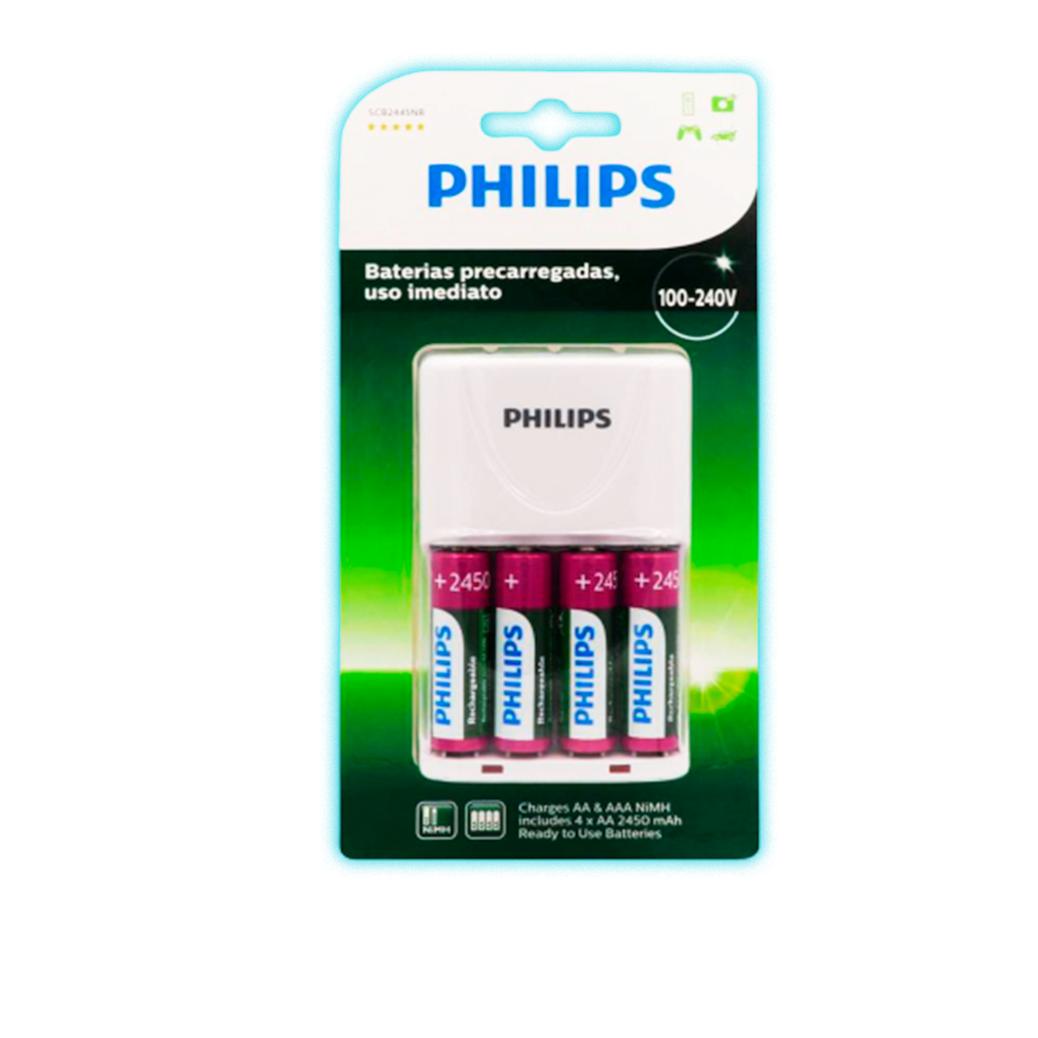 CARGADOR DE PILAS RECARGABLES PHILIPS C/4 PILAS AA SCB2445NB