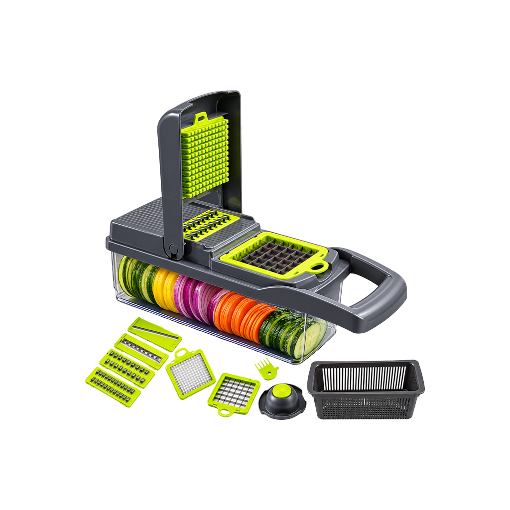 CORTADOR DE VERDURAS CON DEPOSITO Y ACCESORIOS DE CORTE 14 PIEZAS/VEGGIE SLICER